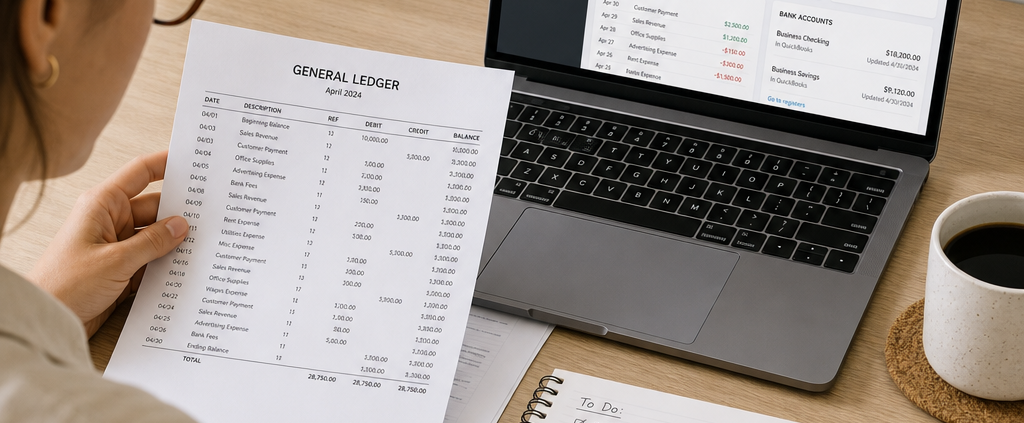 A clean, modern flat-lay photo of a small business owner reviewing financial ledgers and a laptop showing bookkeeping software at a desk