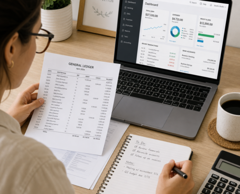 A clean, modern flat-lay photo of a small business owner reviewing financial ledgers and a laptop showing bookkeeping software at a desk